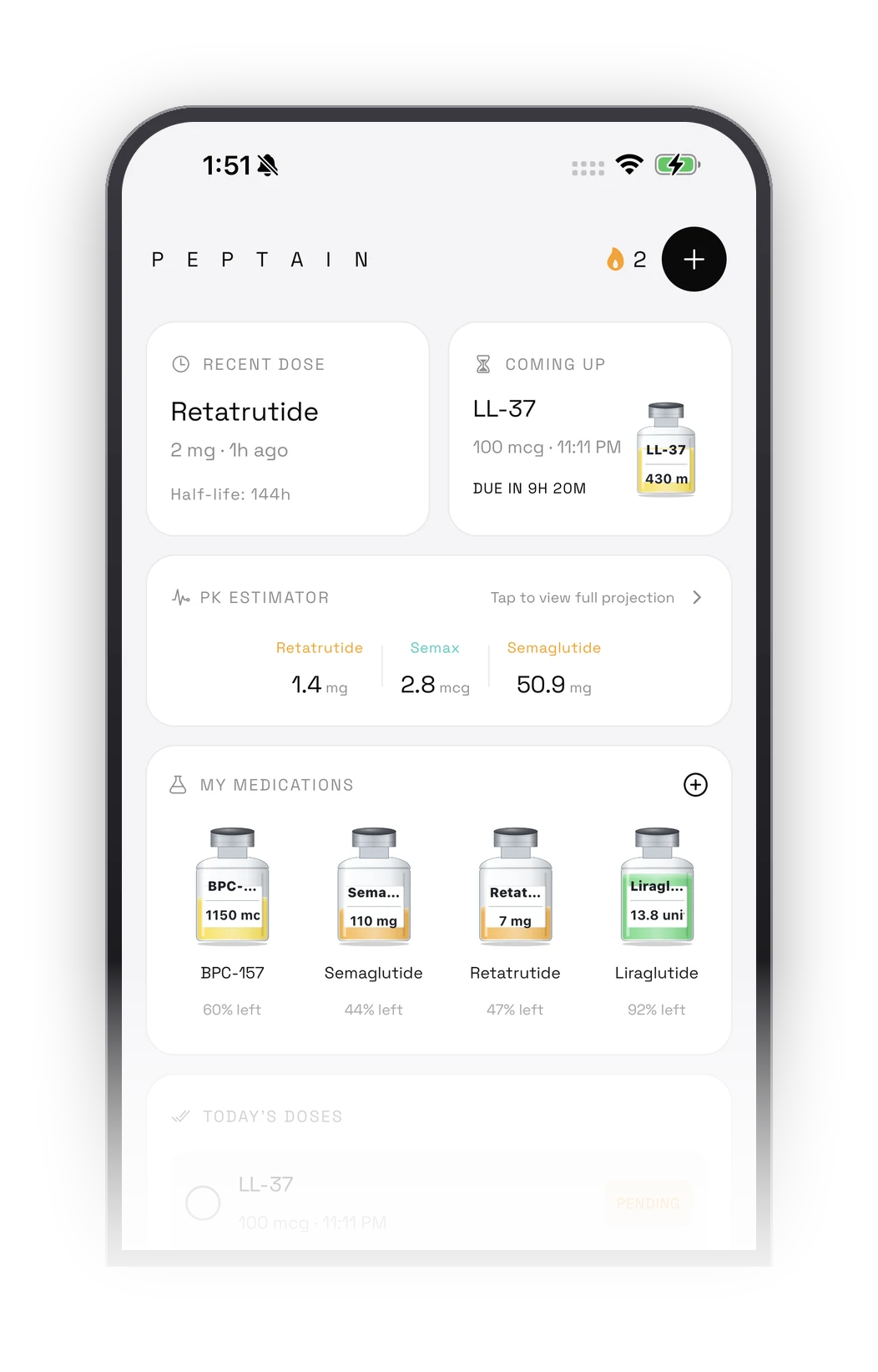 The Peptain home screen: the most recent dose, the next one due, live estimated levels for three compounds, and a vial inventory.