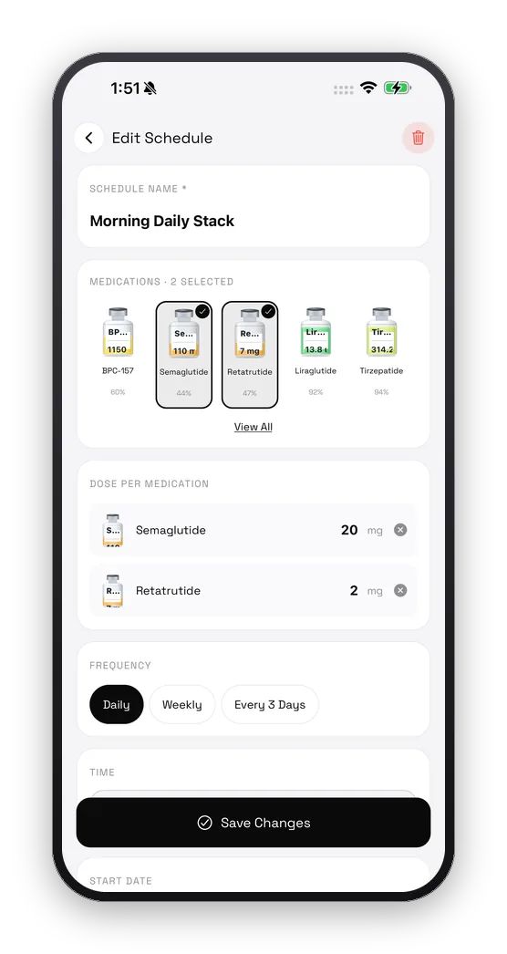 Building a named stack: two medications, a dose each, and a shared frequency.